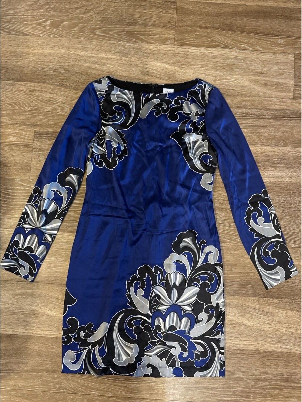 Cache Women’s Sheath Dress Size 6 Blue Black Gray White Floral Satin Lined Zip